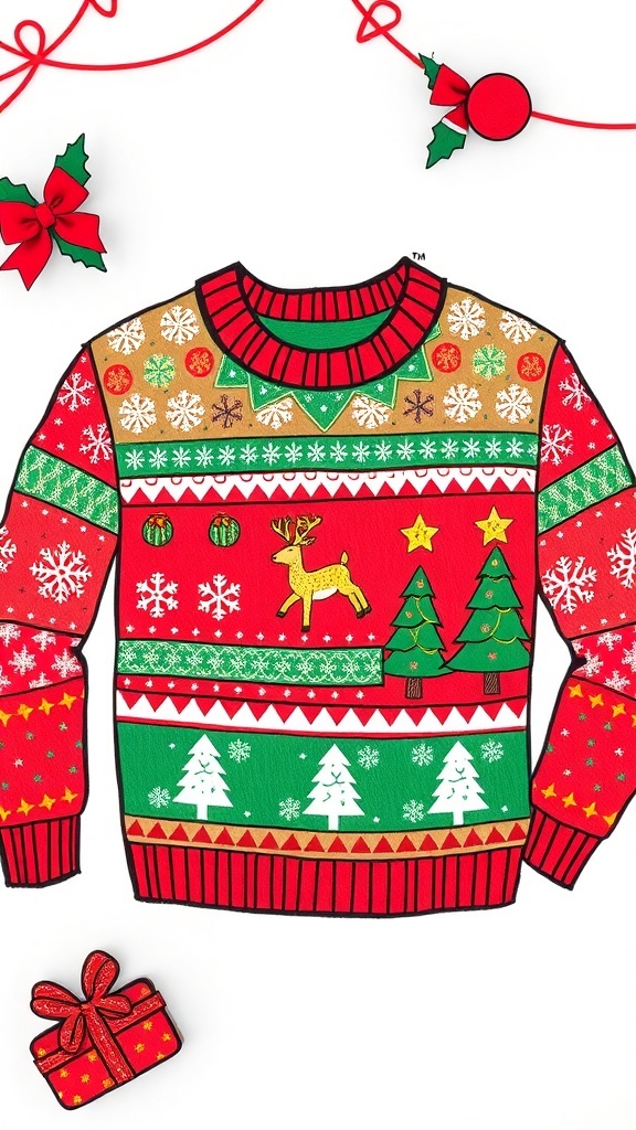 A vibrant drawing of an ugly Christmas sweater with festive designs and colors.